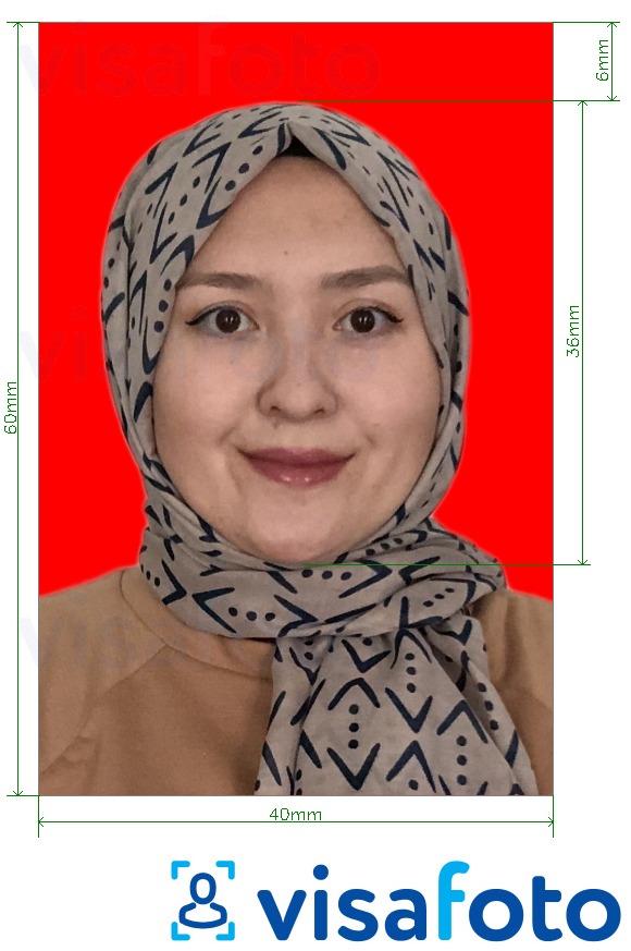 Shembulli i fotos per Indonesia Visa 4x6 cm sfond i kuq me specifikimet ekzakte