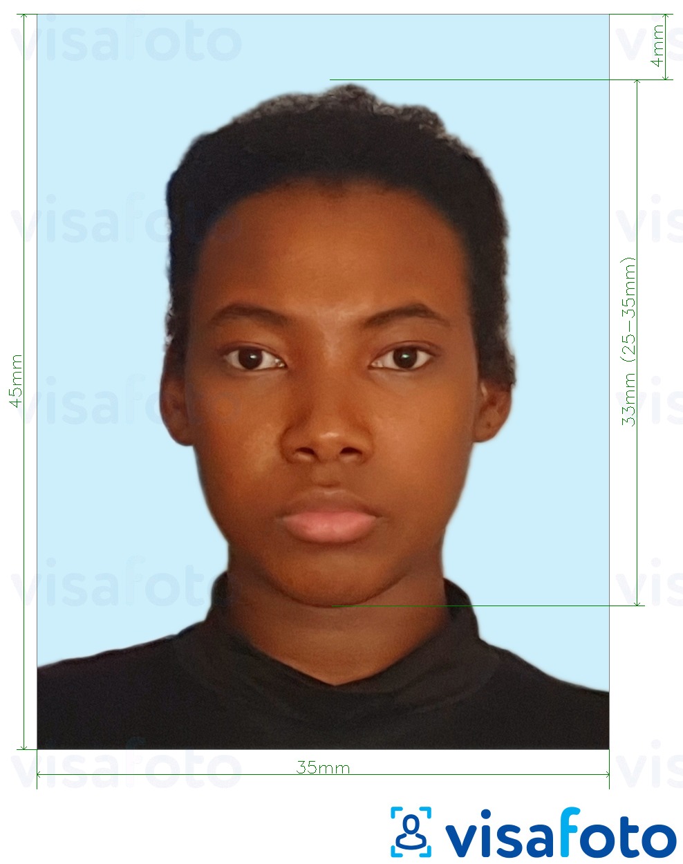 Shembulli i fotos per Pasaporta e Xhamajkës 35x45 mm sfond i zbehtë blu me specifikimet ekzakte
