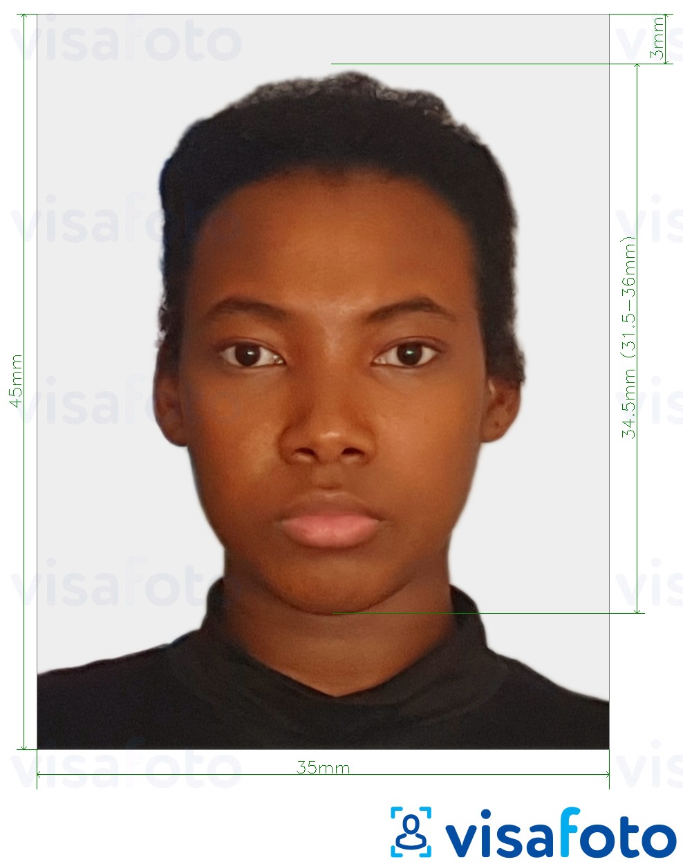 Shembulli i fotos per Pulla e pasaportës së Shën Kits dhe Nevisit 35x45 mm (1.77x1.38 inç) me specifikimet ekzakte