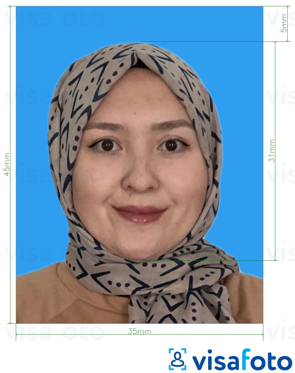 Shembulli i fotos per Malajzia Visa 35x45 mm sfond blu me specifikimet ekzakte