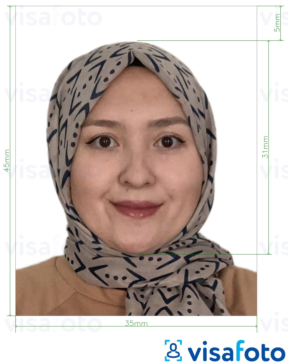 Shembulli i fotos per Malajzia Visa 35x45 mm sfond të bardhë me specifikimet ekzakte